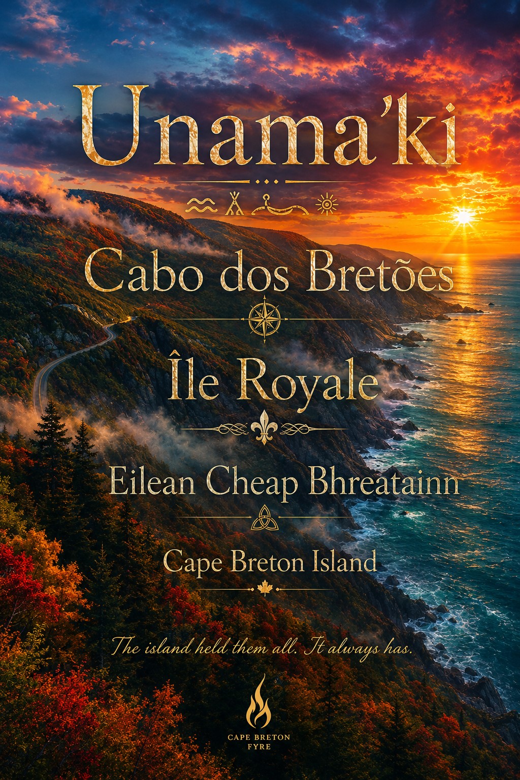 Sunset over the Cabot Trail coastline with five historical names of Cape Breton Island in gold lettering: Unama'ki, Cabo dos Bretões, Île Royale, Eilean Cheap Bhreatainn, and Cape Breton Island. The island held them all. It always has.